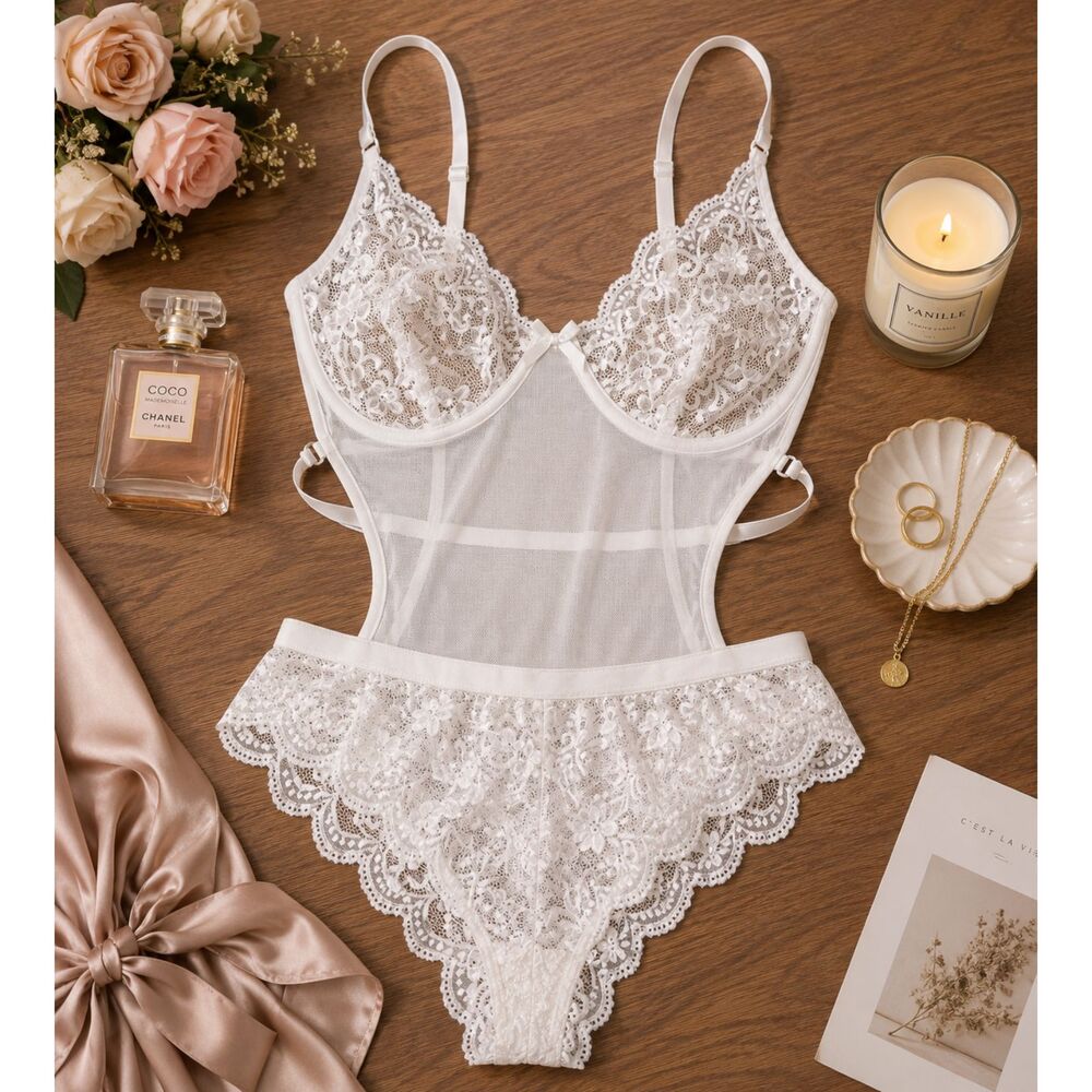 Lingerie Lace Mesh Bodysuit White Women's New Unbranded (671D)